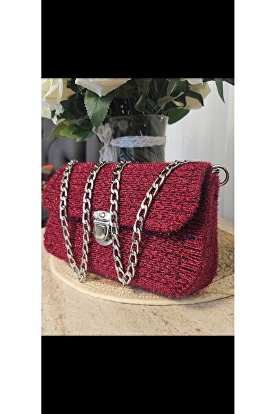 Patiska Tasarım El Yapımı Bordo Kanvas Plastik Üzeri Işlemeli Zincir Askılı Ç...