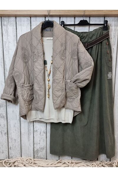 pudubutik Loose Cut Velvet Long Skirt Khaki