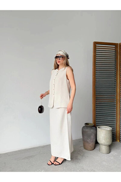 GENCULUS Linen Sleeveless Cardigan Skirt Two-Piece Set White