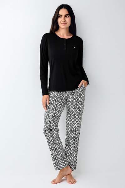 Pierre Cardin Women's Black Round Half Placket Buttoned Collar Modal-Cotton 2-Piece Pajama Set Vr.11.P90.C69.Y01