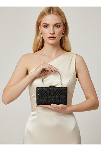 Biçanta Culoare neagră, piatră de cristal, mâner cu lanț, geantă pentru rochi...