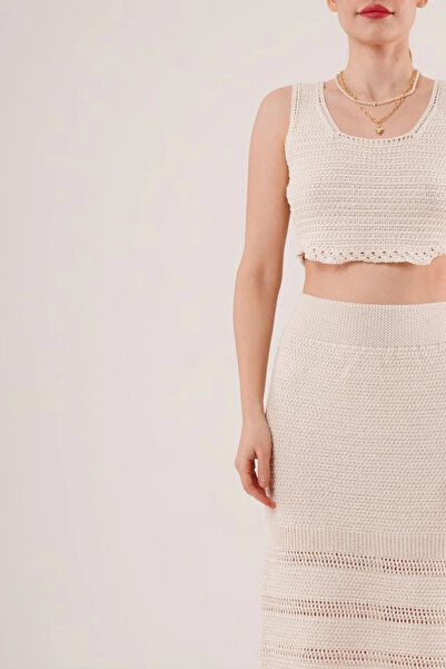 GENCULUS Knitted Detailed Skirt and Blouse Cream Set