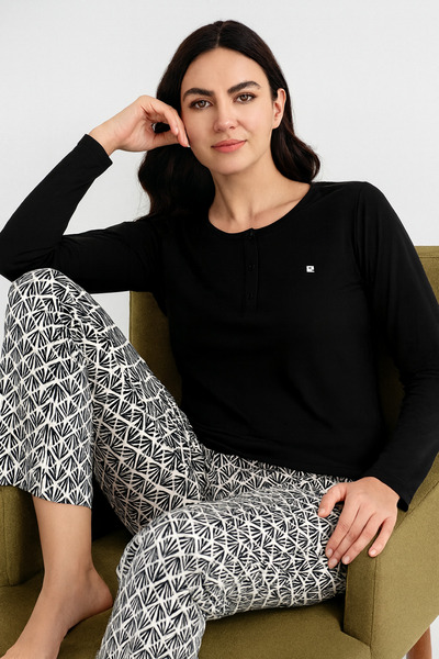 Pierre Cardin Women's Black Round Half Placket Buttoned Collar Modal-Cotton 2-Piece Pajama Set Vr.11.P90.C69.Y01