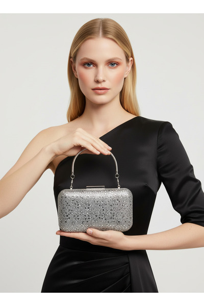 Biçanta Platinum Color Crystal Stone Women's Evening Dress Bag Wedding Engagement Graduation