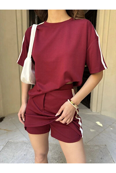 GENCULUS Osy Odal Soft Textured Fabric Patchwork Crew Neck T-Shirt with Shorts Skirt Two-Piece Set Burgundy