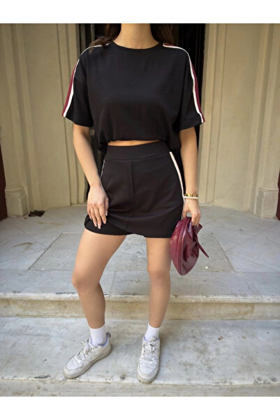 GENCULUS Osy Odal Soft Textured Fabric Patchwork Crew Neck T-Shirt with Shorts Skirt Two-Piece Set Black