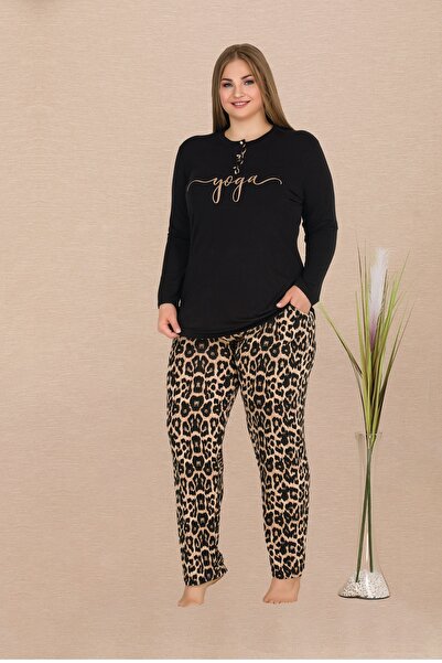 lidofya Leopard Print Long Sleeve Plus Size Viscose Pajama Set