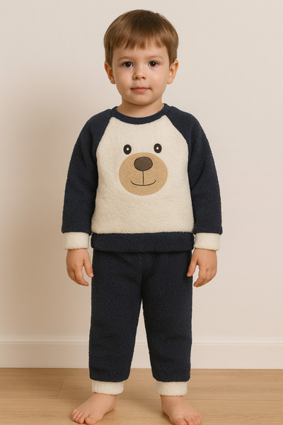 Bubito Teddy Bear Embroidered Baby & Kids Winter Plush Welsoft Top and Bottom Set - Navy Blue