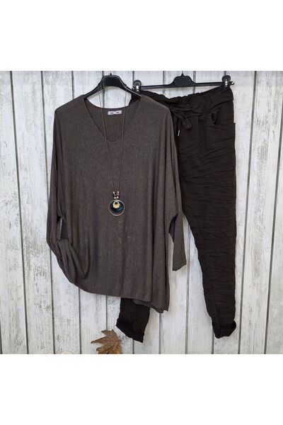pudubutik Oversized V-Neck Casual Italian Brown Sweater
