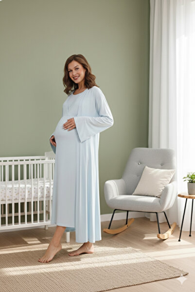 Lohussa طقم ثوب نوم نسائي شتوي بياقة بأزرار على الجهتين باللون الأزرق بتصميم ...