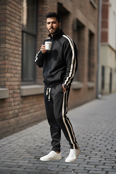 BİRBEYSTORE Lower Upper Set Striped Detail 3 Thread Tracksuit Set Zippered Comfortable Fit Elastic Waist