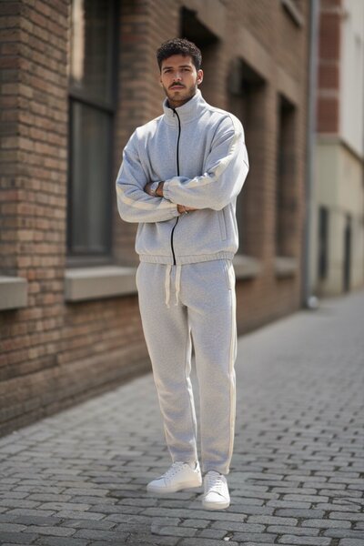 BİRBEYSTORE Lower Upper Set Striped Detail 3 Thread Tracksuit Set Zippered Comfortable Fit Elastic Waist