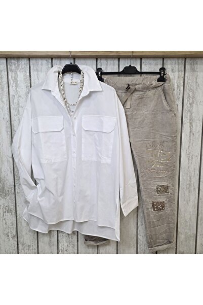 pudubutik Double Pocket Oversized White Shirt