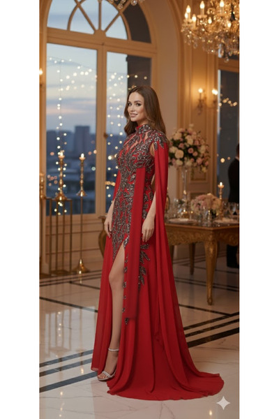 Zeyn KADIN ABİYE TAŞ VE BONCUK İŞLEMELİ YIRTMAÇLI PELERİNLİ UZUN KINA ELBİSESİ