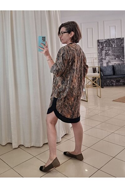 pudubutik Brown Patterned Tunic Satin Dress