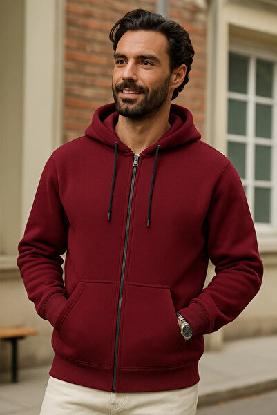 DAMGA JEANS Ανδρικό χειμερινό μπορντό oversized μακρύ φούτερ ζακέτα