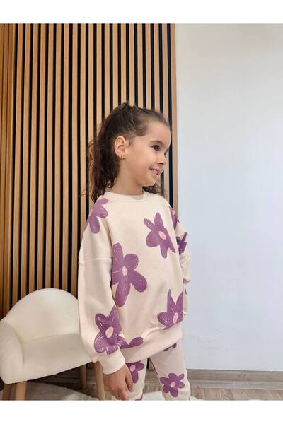 ARBİ kids Girl's Floral Print Three-Thread Class Full-Fit Winter Suit