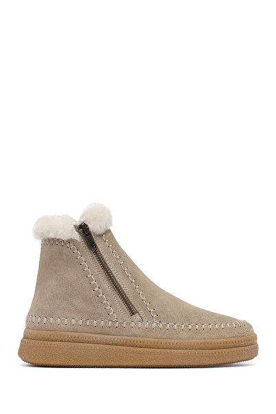 Derimod Women's Beige Zippered Thick Soled Suede Leather Teddy Boots 25Wfd205110