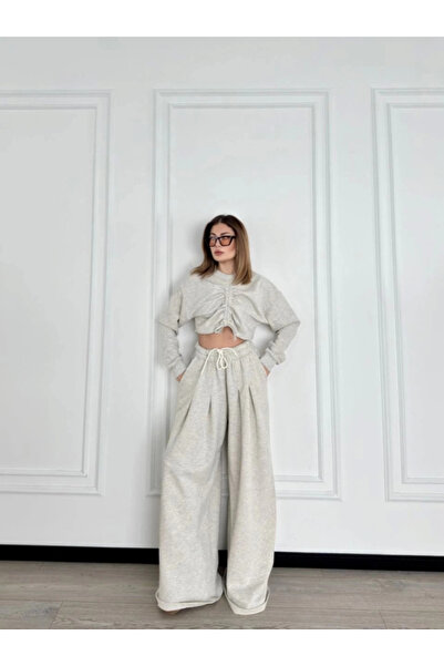 GENCULUS Long Sleeve Front Drawstring Crop Top and Pants Two-Piece Set Gray