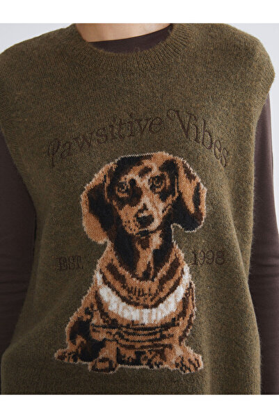 LC Waikiki guler rotund Pulover de tricotat pentru femei cu model câine