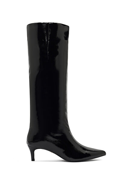 Derimod Women's Black Short Thin Heeled Patent Leather Boots 25Wfe481416