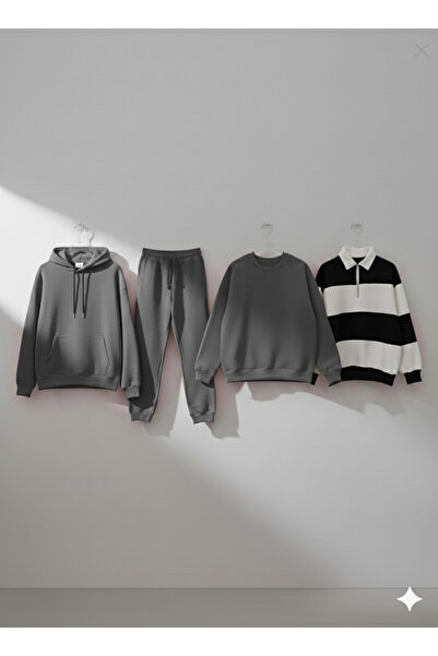 NİCE Set of 4 Winter Unisex Products, Sweatshirt-Hoodie-Bottoms-Sweatpants-Polo Collar 4 Pieces