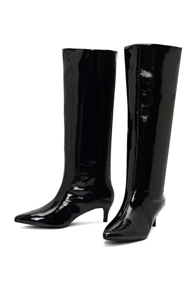 Derimod Women's Black Short Thin Heeled Patent Leather Boots 25Wfe481416