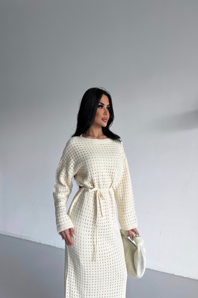 kamacibutik Tricot Dress with Belt Detail and Lining, Standard Size (S/M/L/Xl) Compatible