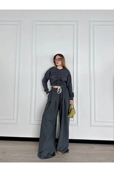 GENCULUS Long Sleeve Crop Top with Drawstring Front and Trousers Two-Piece Set Anthracite