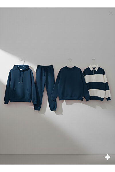 NİCE Set of 4 Winter Unisex Products, Sweatshirt-Hoodie-Bottoms-Sweatpants-Polo Collar 4 Pieces
