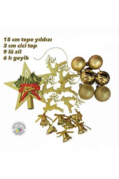 Partini Renklendir Yılbaşı Ağaç Süsü Gold Set 22 Parça (Tepe Yıldızı, Çan, Ci...