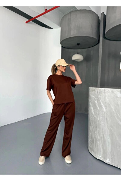 GENCULUS Osy Odal Soft Textured Fabric Short Sleeve Blouse Casual Pant Double Suit Brown