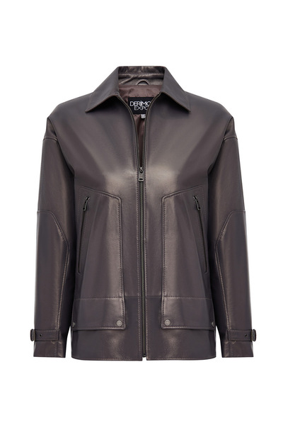 Derimod Rosalin Women Gray Shirt Collar Oversized Leather Coat 25Wge5327Mp