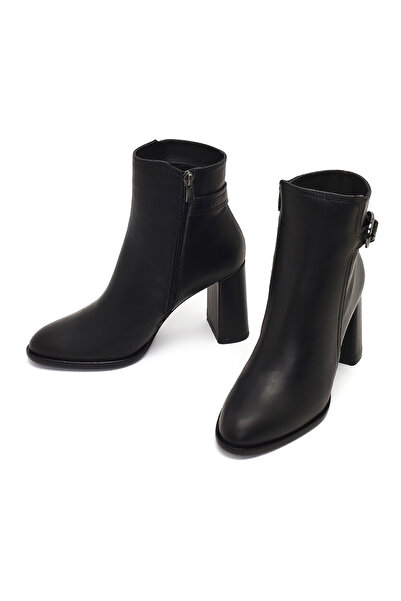 Derimod Women's Black Buckle Zippered Thick Heeled Leather Boots 25Wfd132718