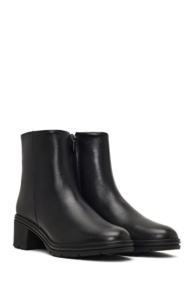 Derimod Women's Black Zippered Short Thick Heeled Leather Boots 25Wfd414218