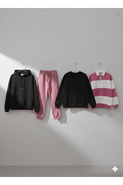 NİCE Set of 4 Winter Unisex Products, Sweatshirt-Hoodie-Bottoms-Sweatpants-Polo Collar 4 Pieces