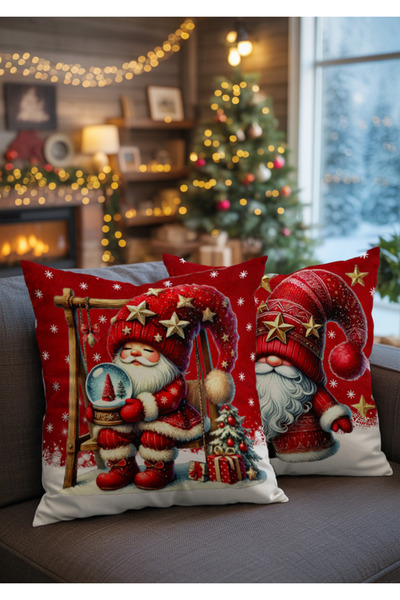 Ahsen Dekoratif Christmas Themed Red Background Dwarf Patterned Set of 2 Digital Printed Gift Pillow Cushion Covers