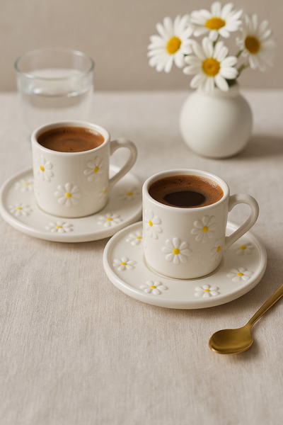 SmartHomeShop 🌼 Papatya Desenli 2’li Seramik Türk Kahvesi Fincan Takımı