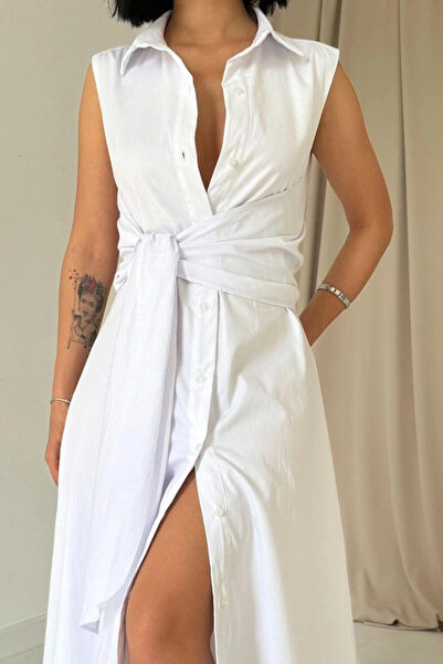 GENCULUS White Shirt Collar Tie Dress