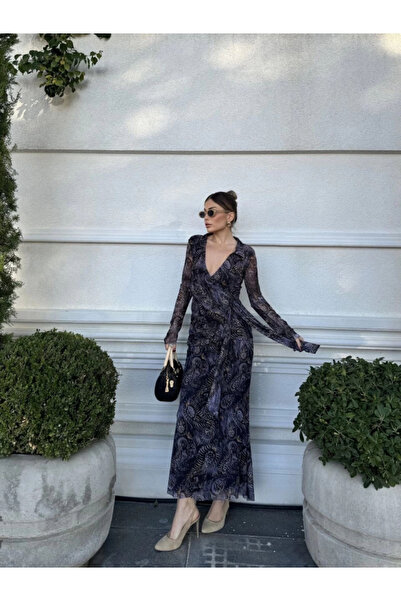 GENCULUS Double-Breasted V-Neck, Ruffled and Lace-Up Patterned Blouse and Midi Skirt Set Black