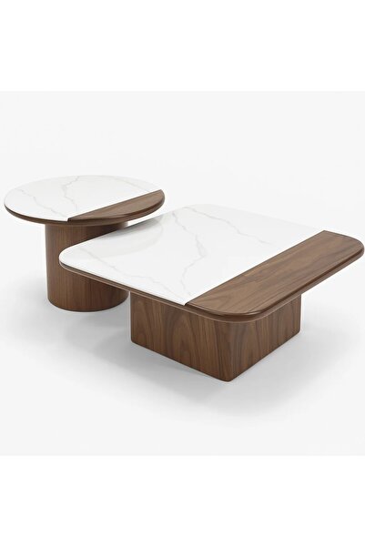 Vi Markets An elegant table set combining a white marble top and a sophisticated, modern wooden base.
