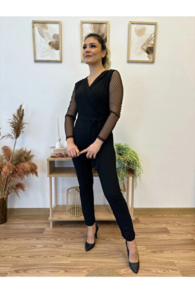 GENCULUS Crepe Fabric Sleeves Tulle Polka Dot Detailed Belted Jumpsuit 141 cm