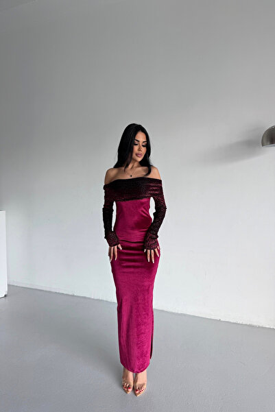 kamacibutik Madonna Special Design Velvet Dress with Leopard Print on the Neckline