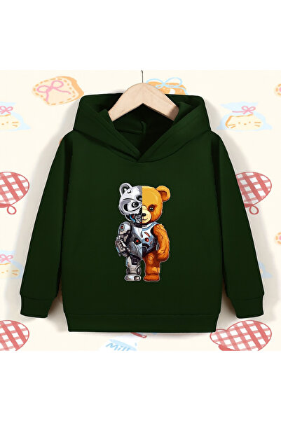 CLASSY.MODA هودي للجنسين مطبوع بتصميم شبه روبوت على شكل دمية دب مع جيب كنغر، ...