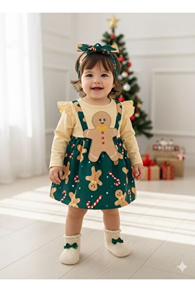 LORE MİEL Girl's Christmas Themed Green Dress