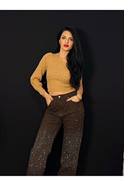 fara marca Jeans with brown rhinestones – viral glam & elegant model