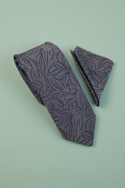 Milleniva Floral Gray Tie & Handkerchief