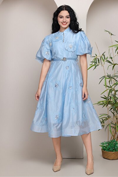 berlanty Evening midi dress with shimmering floral details - sky blue