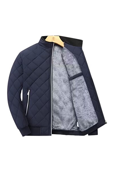 Silver Men's ribbed winter jacket - with a fur-lined interior - coat with a metal accessory and high neck