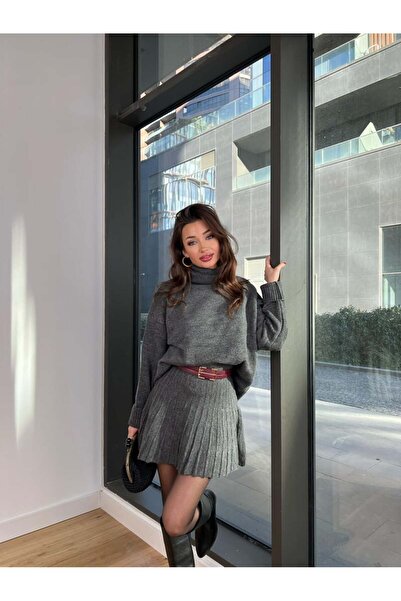 POİNE Women's Stylish High-Neck Sweater-Skirt Basic Top and Bottom Set